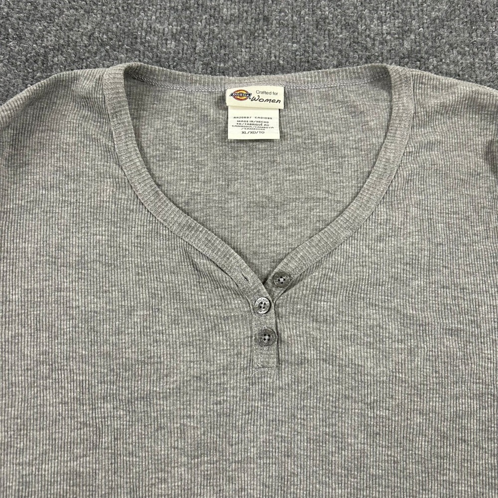 Dickies Henley Womens Size XL Gray Long Sleeve Ribbed Knit V-Neck Casual Top